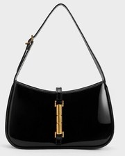 Charles & Keith Cesia Patent Metallic Accent Shoulder Bag - Black Patent.