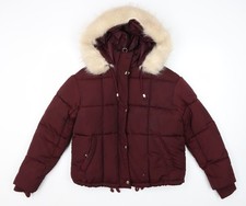 Topshop Women's Red Puffer Jacket, Size 8, Hooded Fur Trim