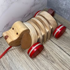 Marks & Spencer Wooden Pull Along Dog Toy Red Wheels Vintage Style