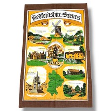 VTG Teatowel 1970s 80s Bedfordshire  map landmarks retro tea towel 100% cotto (9