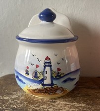 Vintage French Ceramic Salt Pot Farmhouse Nautical scene