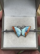Antique Vintage 925 Sterling Silver Brooch Enamel Butterfly Bar 