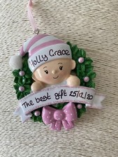 Personalised Baby's First Christmas Tree Decoration Bauble Pink Girl Wreath