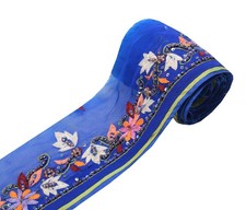 Sushila Vintage Blue Saree Border Indian Craft Sewing Trim Hand Beaded Ribbon