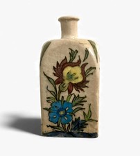 Antique 19th Century Qajar Iznik Style Hand-Painted Ceramic Bottle Vase