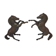 Vintage Brass Rearing Pair of Horse Statues Heavy Solid Figurines Uncleaned