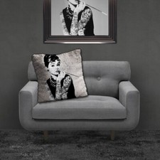 New Luxury Velvet Embellished Cushion in Black & Silver. Tattooed Audrey Hepburn