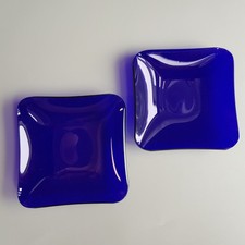 Bristol Blue Cobalt Glass Art Deco tray dishes 8cm square pair England vintage