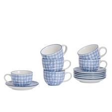 12 Piece Hand-Printed Cappuccino Cup & Saucer Set Tea Coffee Cups 250ml Navy