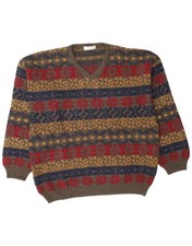 VINTAGE Mens V-Neck Jumper Sweater XL Multicoloured Fair Isle Wool GI20