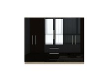 Large 6 Door Mirrored Wardrobe with 3 Drawers – Black High Gloss Modern Fitment
