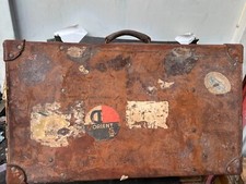 VINTAGE / ANTIQUE BIG  LEATHER LUGGAGE TRAVEL  SUITCASE BROWN ORIENT LABEL SHIP