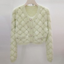 Lady Faux Mohair Knitted Sweater Warm Short Cardigan Fluffy Jumper Coat Knitwear