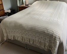 Large French Vintage Cotton Crochet Lace Curtain Throw Single Bed 180cm x 235cm 
