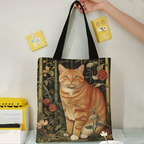 Orange cat print tote bag - orange,