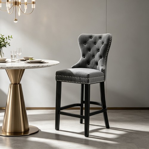 Grey velvet fixed bar - bar, stools
