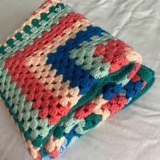 Handmade Vintage Crochet Granny Square Blanket Throw 110x106cm Bed Cottagecore