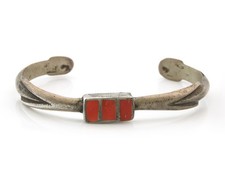 Navajo Cuff Bracelet Sterling Silver Natural Red Coral Vintage Sand Cast