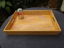 Large Wooden Serving Tray Integral Handles, Engraved "Tray" On One Edge 47x35 cm