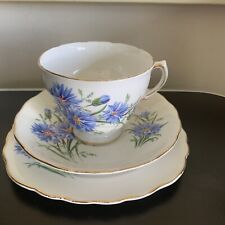 Tea Cup, Saucer & Side Plate Royal Vale England Bone China Blue Cornflowers