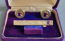 Vintage Gold over Sterling Silver Enamel Letter R Cufflinks Tie Clip Boxed Set