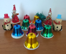 12 Vintage Christmas Tree Decorations Father Christmas Snowmen Bells 60s