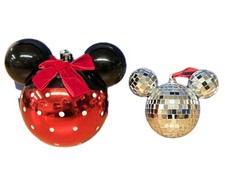Vtg Disney Mickey Mouse Christmas Baubles Disco Ball Mirrored & Large Mickey