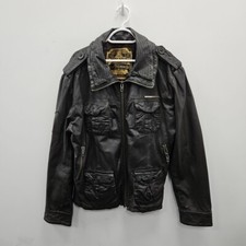 Superdry Distressed Dark Brown Leather Motorcycle Biker Jacket Coat Size Large