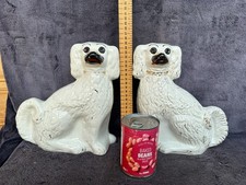 Antique C19th 10" Pair of Genuine Mantel Staffordshire Spaniel White Dogs