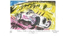 New 2017 original linocut John Cobb at Brooklands 1935.Claude Flight motifs