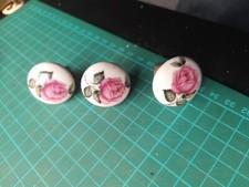 3 X Vintage Ceramic  Cabinet / Drawer Door  Pull  Lovely Rose Detail 34mm Dia 