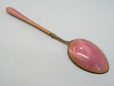 ANTIQUE NORWEGIAN SOLID SILVER GUILLOCHE PINK & GILT ENAMEL TEASPOON
