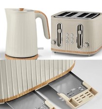 Cream & Wooden Kettle and 4 Slice Toaster set Scandi Fast Boil Kettle