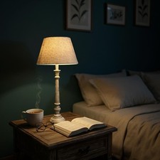 Tall Wooden Grey Washed Table Lamp Shabby Chic Taupe Linen Shade