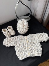 BABY CARDIGAN BEANIE BOOTEES CROCHET HANDMADE NEWBORN  BEIGE FLEC GIFT ROMANY