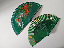 2  BEAUTIFUL VINTAGE SPANISH HAND-PAINTED FANS WITH FRET WORK RIBS