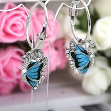 Fashion Sparkling Crystal Diamante Blue Butterfly Hoop Silver Earrings UK Seller
