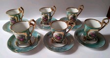 Crown Ojima Japan 3 Footed Demitasse Cup And Saucer Set Of 6(Royal Vienna Style)