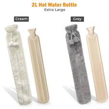 Long Hot Water Bottle With Fluffy Cover 2 Litre Extra Long, Cream/Grey