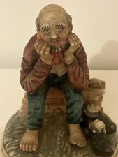 Vintage Portugal Old Man Figurine Sitting on Bench Barefoot Ceramic Statue