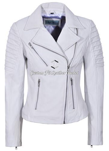 Ladies white leather jacket - white,