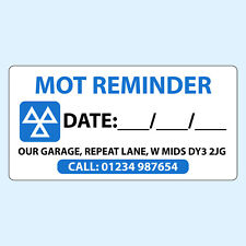 100 MOT Reminder Stickers Garage Sticker Personalised With Your Name and Address