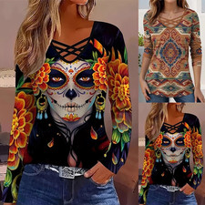 Ladies Halloween Party Long Sleeve PRINTED Tee T Shirts Skull Floral Blouse Tops