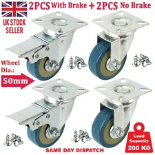4 x Castor Wheels Heavy Duty 50mm Rubber Swivel Trolley Wheels Furniture Brake