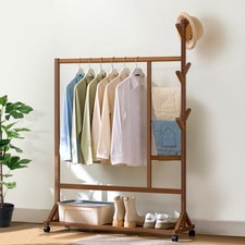 Wooden Clothes Rail with Pants Rack Freestanding Garment Rack with Shelf & Hooks