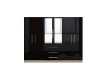 Modern 6 Door Large Mirrored Wardrobe – High Gloss BLACK with 3 Drawers