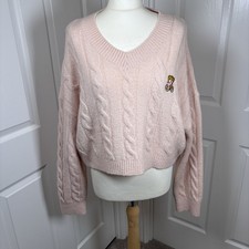 Primark Pink Cable Knit Cropped Sweater M | Soft Knit Jumper  Bear Patch Pastel