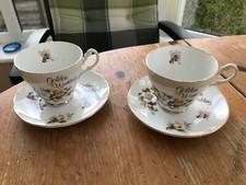 Polly-Anna Two Teacups/Saucers Fine Bone China Golden Wedding 50 Anniversary