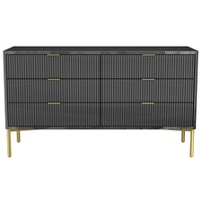 Chest of Drawers Grey Gloss with 6 Ribbed Drawers Gold Handles Legs Art Deco