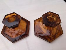 PAIR DAVIDSON AMBER BROWN CLOUD GLASS HEXAGONAL CANDLESTICKS CANDLE HOLDERS